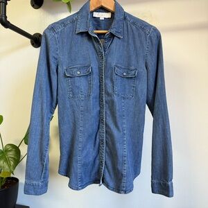 LOFT Denim Blue Button-Up Shirt Chambray Small Lightweight Long Sleeve Collar